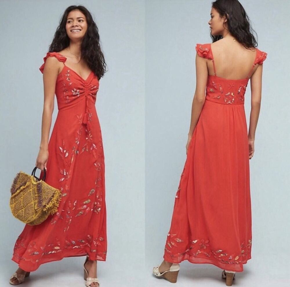 EUC Farm Rio Quintana Maxi Dress Size 6 Red-Orange Anthropologie